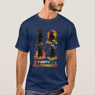 Black Cat Halloween And Merry Christmas Happy Hall T-Shirt