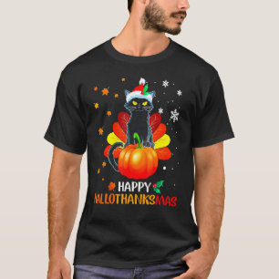 Black Cat Halloween And Merry Christmas Happy Hall T-Shirt