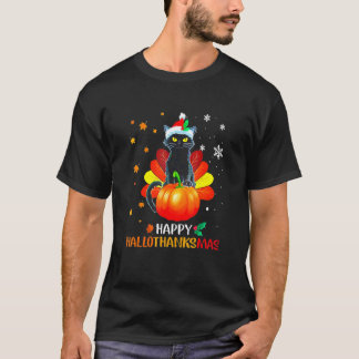 Black Cat Halloween And Merry Christmas Happy Hall T-Shirt