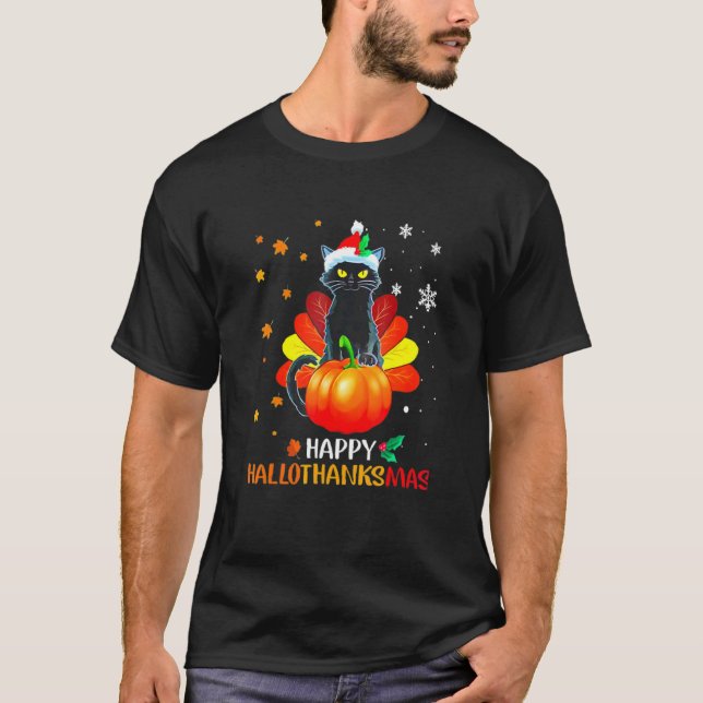 Black Cat Halloween And Merry Christmas Happy Hall T-Shirt (Front)