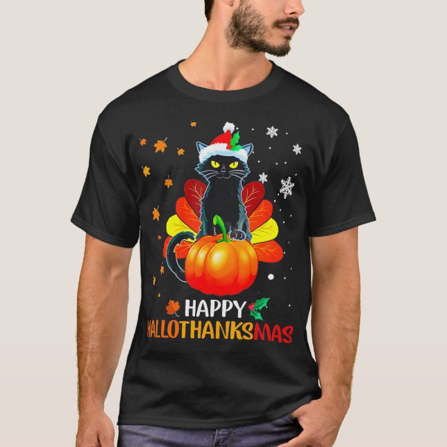 Black Cat Halloween And Merry Christmas Happy T-Shirt (Front)