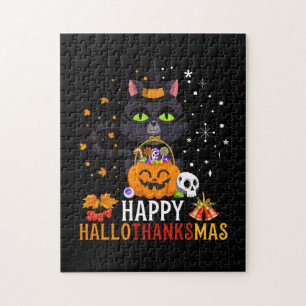 Black Cat Halloween And Merry Christmas Jigsaw Puzzle