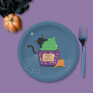 Black Cat Halloween Blue Paper Plate