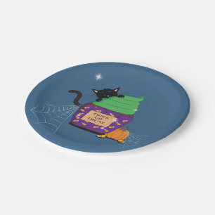 Black Cat Halloween Blue Paper Plate