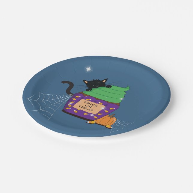 Black Cat Halloween Blue Paper Plate (Angled)