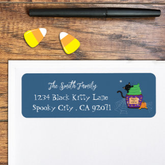Black Cat Halloween Blue Return Address Labels