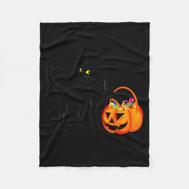 Black Cat Halloween Candy Pumpkin Bag Sweet Lollip Fleece Blanket (Front)