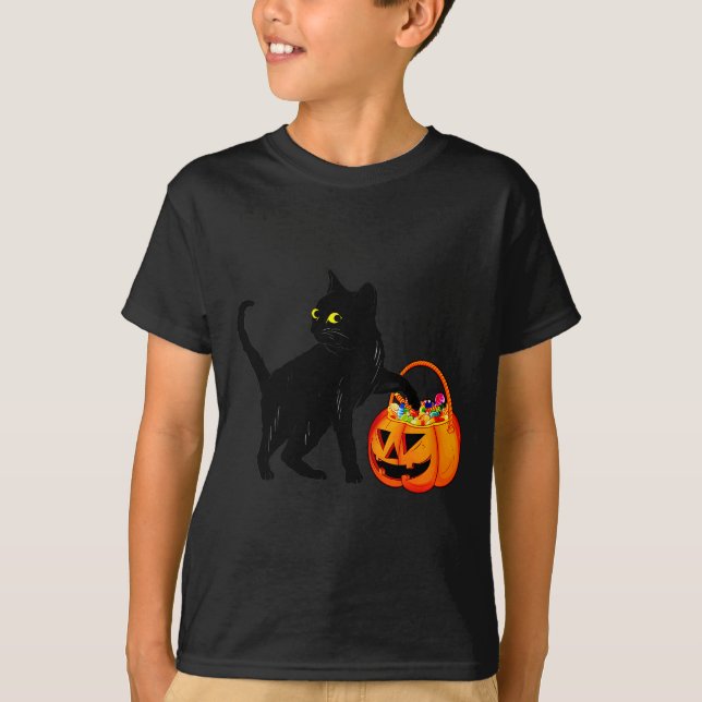 Black Cat Halloween Candy Pumpkin Bag Sweet Lollip T-Shirt (Front)