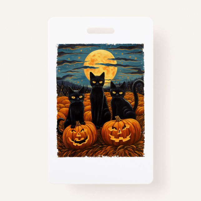 Black Cat Halloween Cat Lovers Starry Night Cat Va ID Badge (Front)
