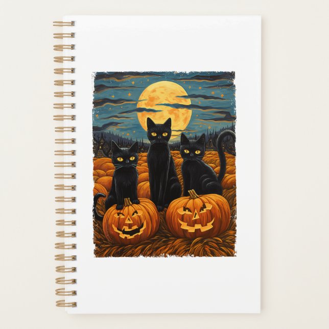 Black Cat Halloween Cat Lovers Starry Night Cat Va Planner (Front)