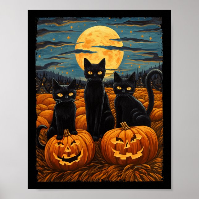 Black Cat Halloween Cat Lovers Starry Night Cat Va Poster (Front)