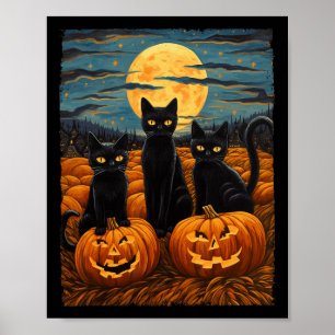 Black Cat Halloween Cat Lovers Starry Night Cat Va Poster