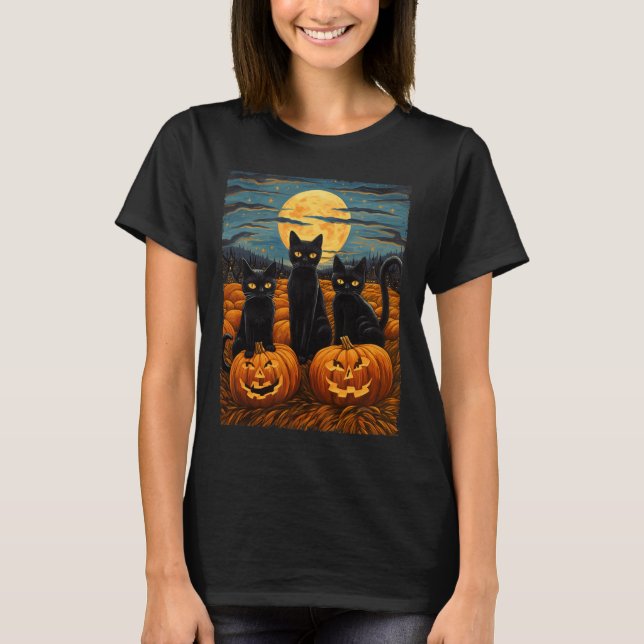 Black Cat Halloween Cat Lovers Starry Night Cat Va T-Shirt (Front)