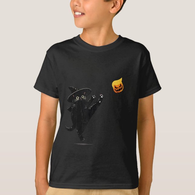 Black Cat Halloween Cat Witch Doodle T-Shirt (Front)