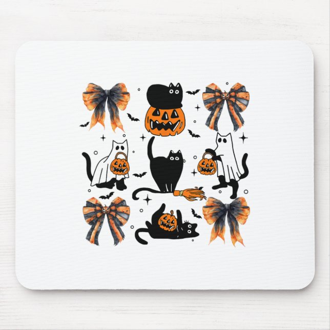 Black Cat Halloween Coquette Bow Halloween Pumpkin Mouse Mat (Front)