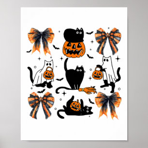 Black Cat Halloween Coquette Bow Halloween Pumpkin Poster