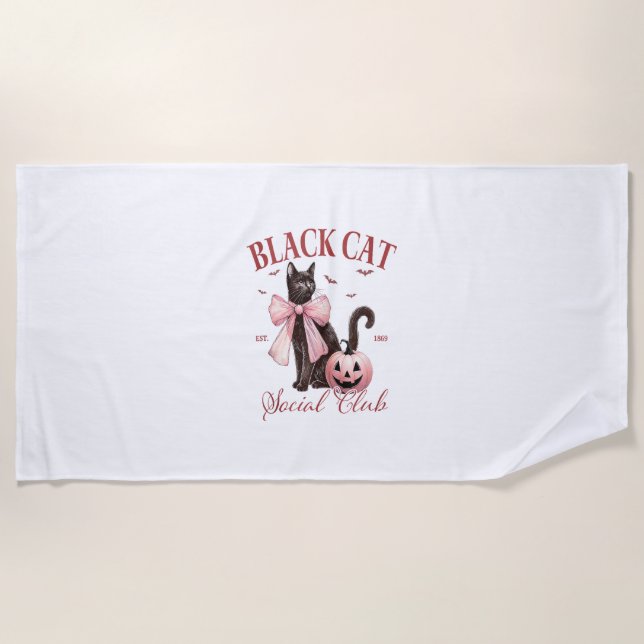 Black Cat Halloween Coquette Social Club Pink Bow  Beach Towel (Front)