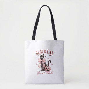 Black Cat Halloween Coquette Social Club Pink Bow Tote Bag