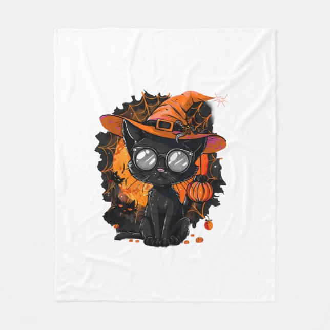 Black Cat Halloween Costume Witchcraft Spider Web  Fleece Blanket (Front)