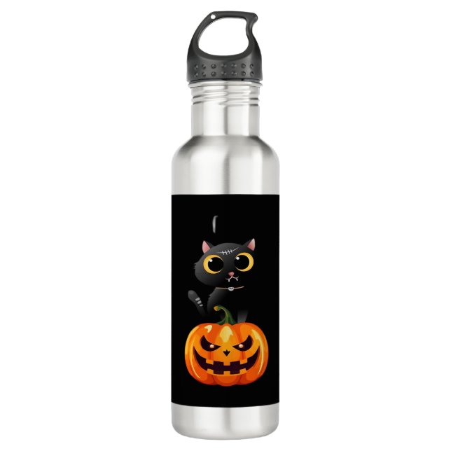 Black Cat Halloween Design – Spooky Pumpkin Art fo 710 Ml Water Bottle (Front)