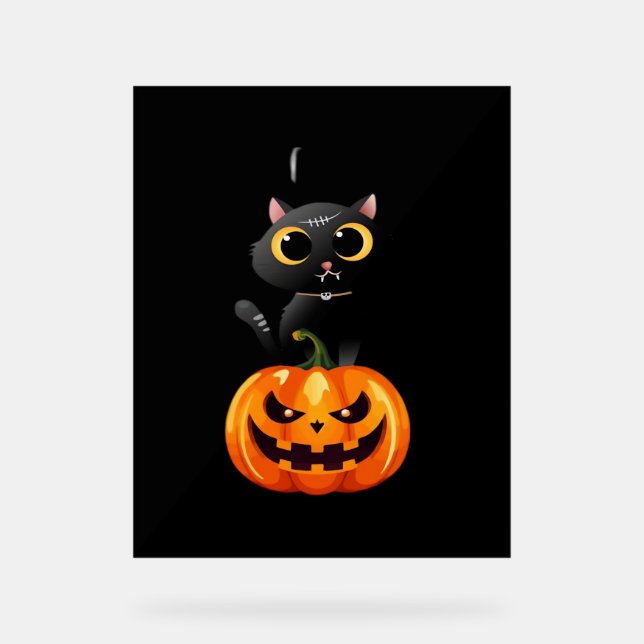 Black Cat Halloween Design – Spooky Pumpkin Art fo Acrylic Sign (Front)