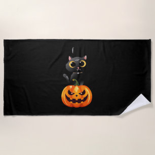 Black Cat Halloween Design – Spooky Pumpkin Art fo Beach Towel