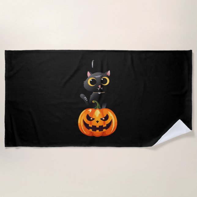 Black Cat Halloween Design – Spooky Pumpkin Art fo Beach Towel (Front)