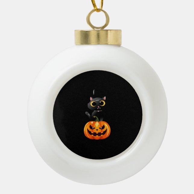 Black Cat Halloween Design – Spooky Pumpkin Art fo Ceramic Ball Christmas Ornament (Front)