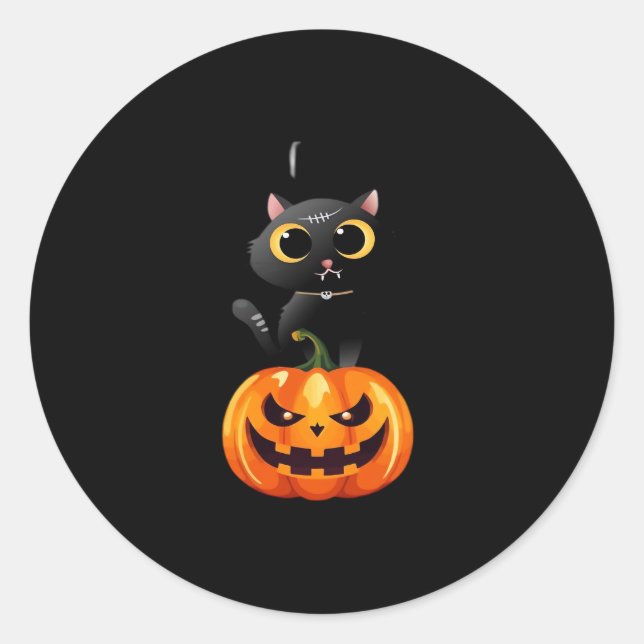 Black Cat Halloween Design � Spooky Pumpkin Art fo Classic Round Sticker (Front)