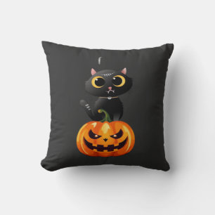 Black Cat Halloween Design � Spooky Pumpkin Art fo Cushion
