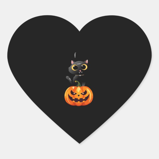 Black Cat Halloween Design � Spooky Pumpkin Art fo Heart Sticker (Front)