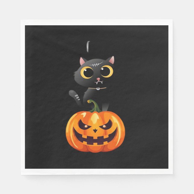 Black Cat Halloween Design – Spooky Pumpkin Art fo Napkin (Front)