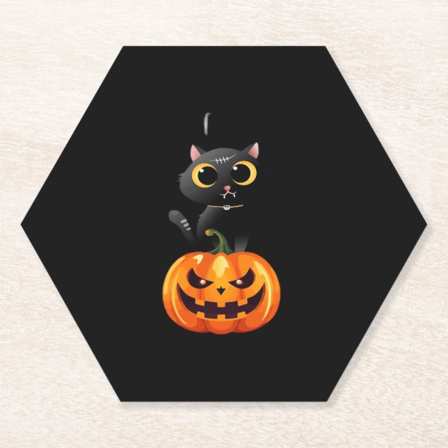 Black Cat Halloween Design � Spooky Pumpkin Art fo Paper Coaster (Front)