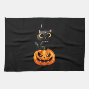 Black Cat Halloween Design – Spooky Pumpkin Art fo Tea Towel