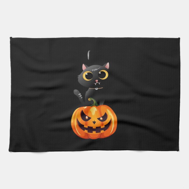 Black Cat Halloween Design � Spooky Pumpkin Art fo Tea Towel (Horizontal)