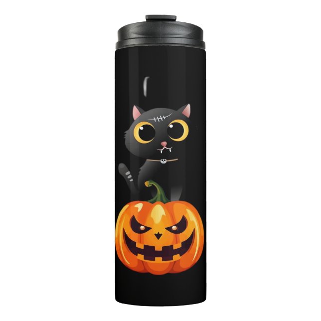 Black Cat Halloween Design – Spooky Pumpkin Art fo Thermal Tumbler (Front)