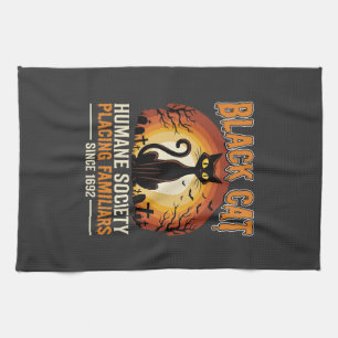 Black Cat Halloween Familiar Vintage Graveyard Des Tea Towel