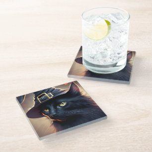 Black Cat Halloween Glass Coaster