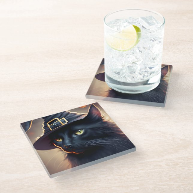 Black Cat Halloween Glass Coaster (Angled)