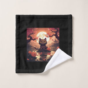 Black Cat Halloween_ Great Wave and Pumpkins Wash Cloth