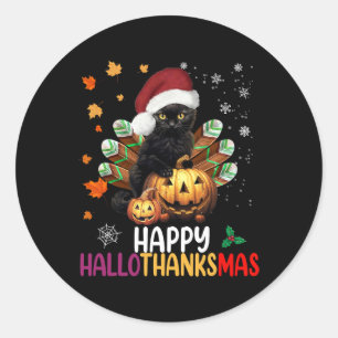 Black Cat Halloween Happy Hallothanksmas Merry Chr Classic Round Sticker
