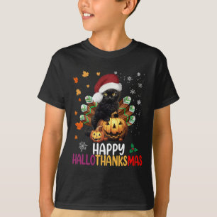 Black Cat Halloween Happy Hallothanksmas Merry Chr T-Shirt