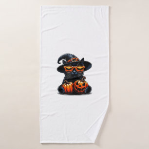 Black Cat Halloween Holding Pumpkin Cat Lovers Gir Bath Towel
