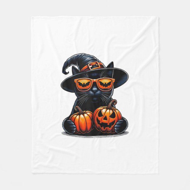 Black Cat Halloween Holding Pumpkin Cat Lovers Gir Fleece Blanket (Front)