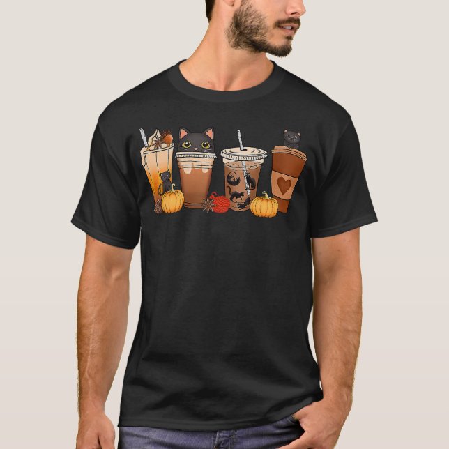 Black Cat Halloween Iced Coffee Cups Fall Pumpkin  T-Shirt (Front)