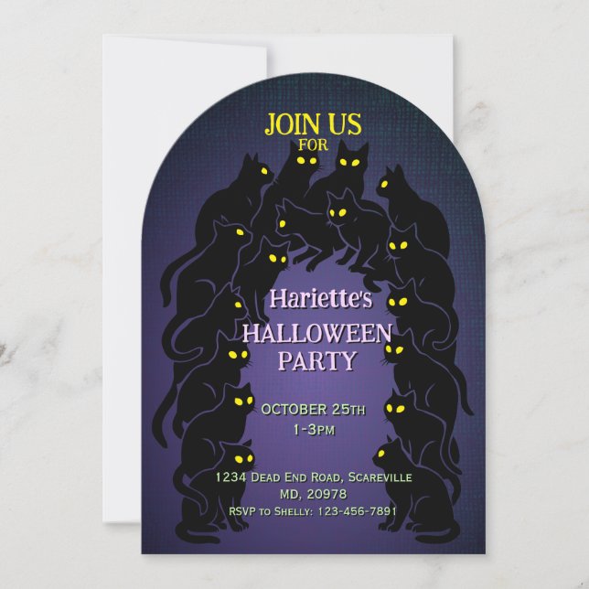 Black Cat Halloween in Purple Invitation (Front)