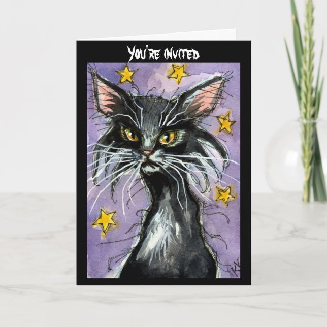Black Cat Halloween invitation or greeting card (Front)