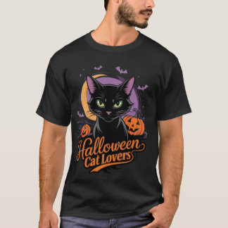 Black Cat Halloween Lovers Starry Night-Inspired T-Shirt