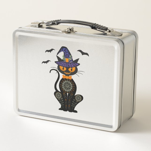 Black Cat Halloween Metal Lunch Box (Front)