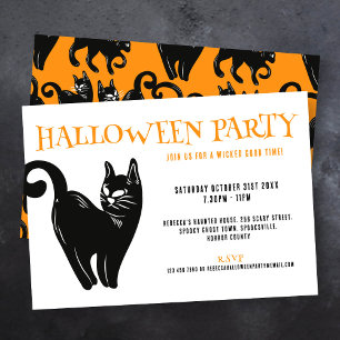 Black Cat Halloween Orange Party Invitation